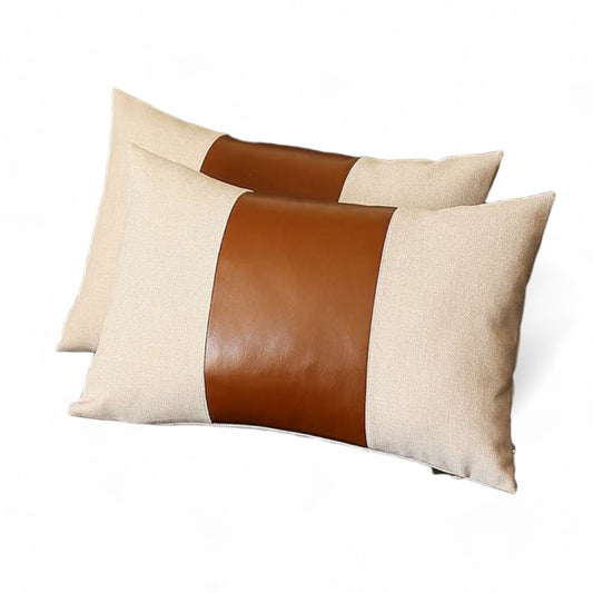 Set of Two 12" X 20" Ivory and Brown Color Block Fabric and Faux Leather Lumbar Throw Pillows