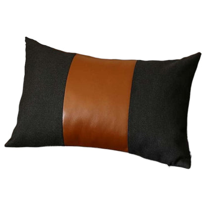 Set of Two 12" X 20" Black and Brown Color Block Fabric and Faux Leather Lumbar Throw Pillows