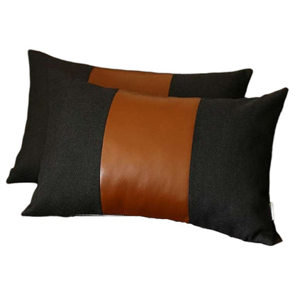 Set of Two 12" X 20" Black and Brown Color Block Fabric and Faux Leather Lumbar Throw Pillows