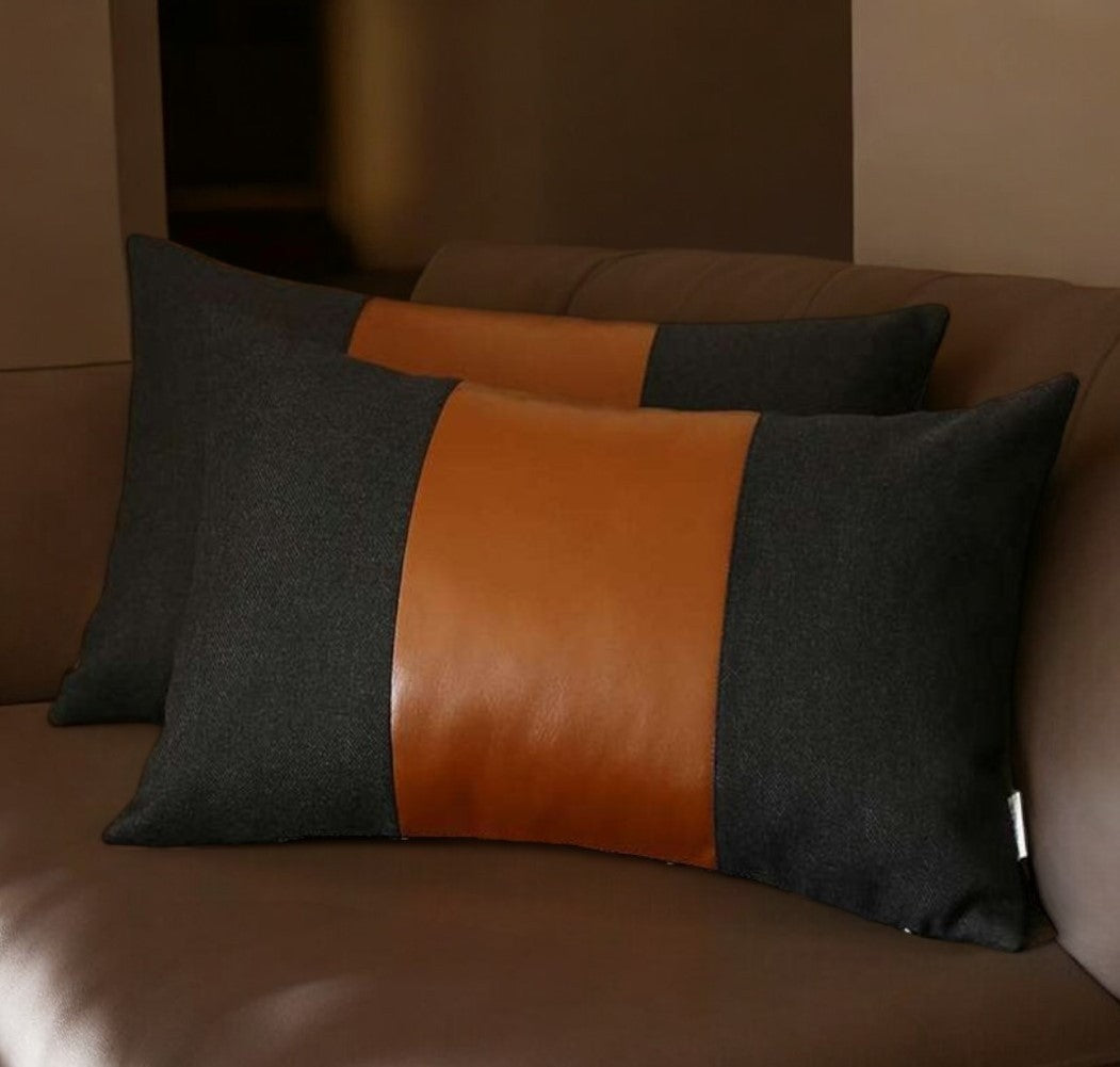 Set Of Two 20" X 12" Black And Brown Polyester Geometric Zippered Pillow