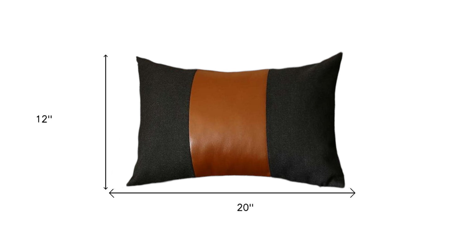 Set of Two 12" X 20" Black and Brown Color Block Fabric and Faux Leather Lumbar Throw Pillows