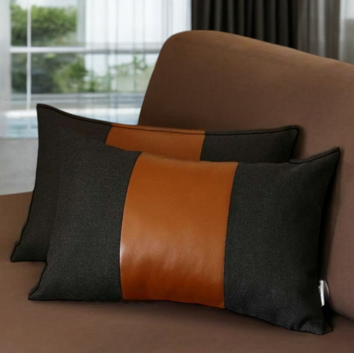 Set of Two 12" X 20" Black and Brown Color Block Fabric and Faux Leather Lumbar Throw Pillows