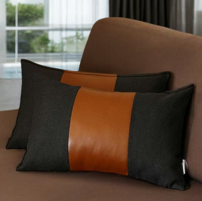 Set of Two 12" X 20" Black and Brown Color Block Fabric and Faux Leather Lumbar Throw Pillows