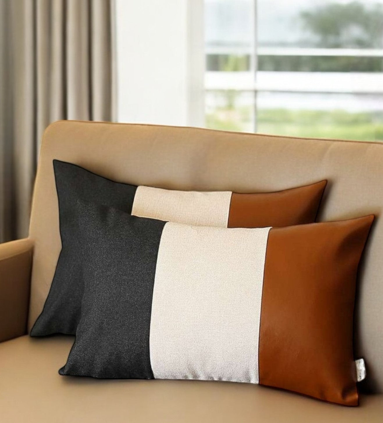 Set of Two 12" X 20" Black Ivory and Brown Color Block Fabric and Faux Leather Lumbar Throw Pillows