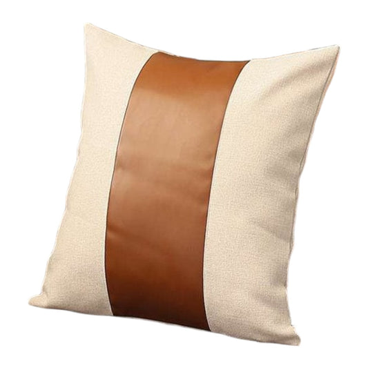 Set of Two 18" Ivory and Brown Color Block Fabric and Faux Leather Throw Pillows