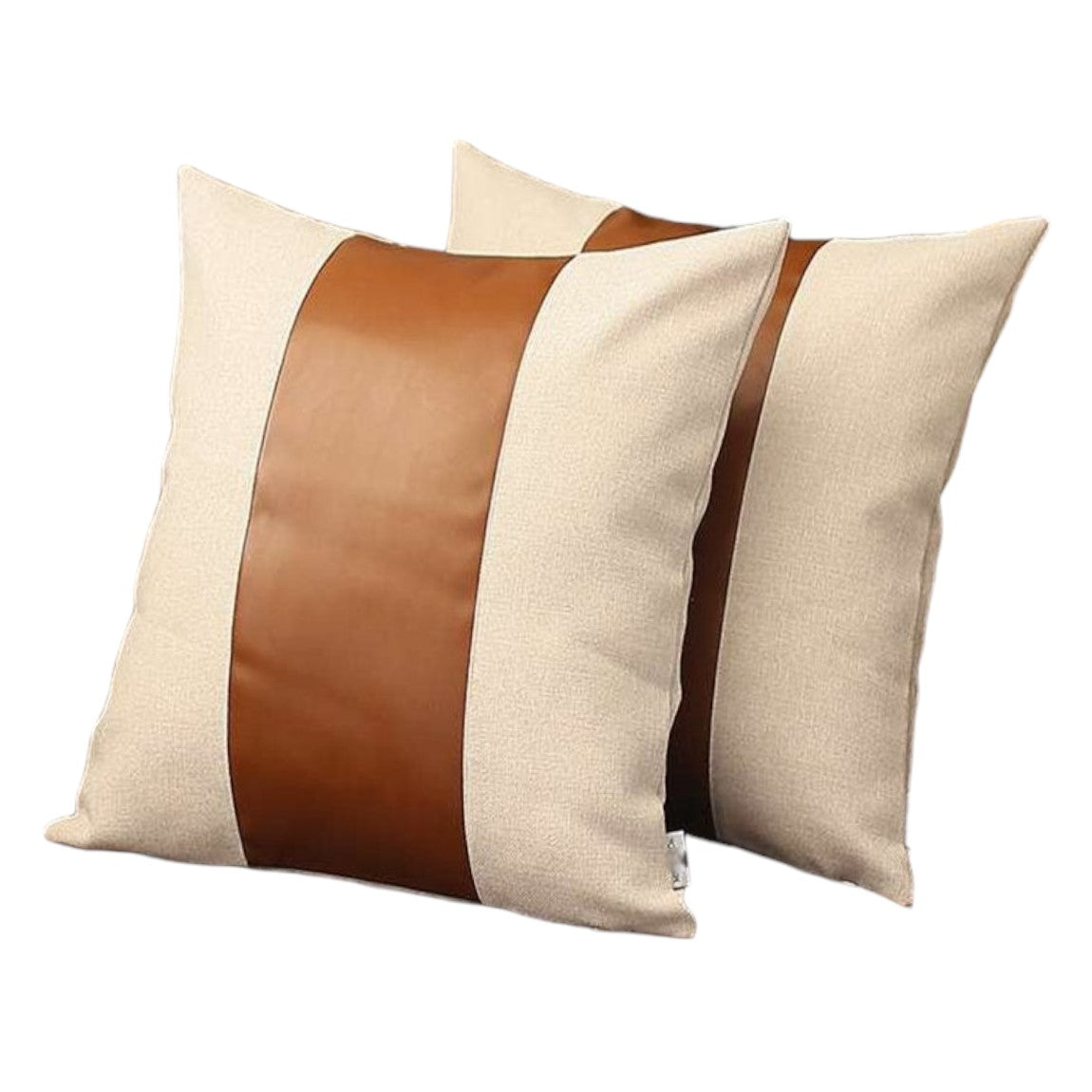 Set of Two 18" Ivory and Brown Color Block Fabric and Faux Leather Throw Pillows