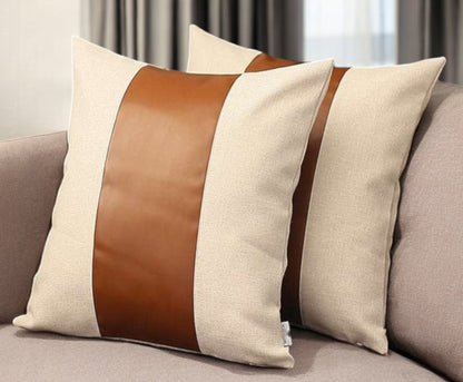 Set of Two 18" Ivory and Brown Color Block Fabric and Faux Leather Throw Pillows