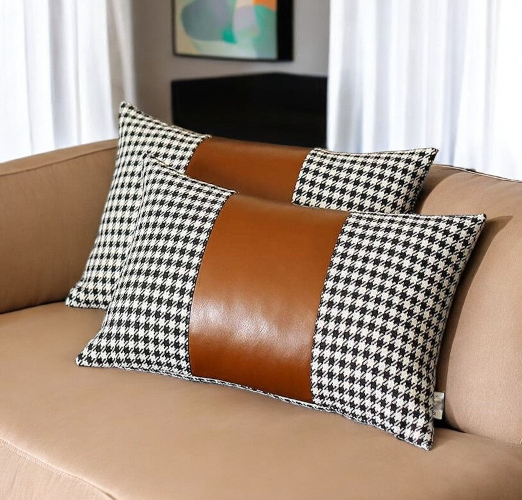 Set Of Two 20" X 12" Black And Brown Polyester Houndstooth Zippered Pillow