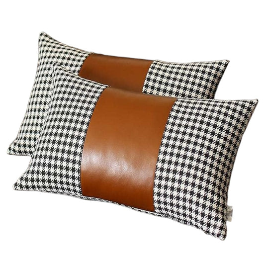 Set of Two 12" X 20" Brown Black and White Houndstooth Fabric and Faux Leather Lumbar Throw Pillows