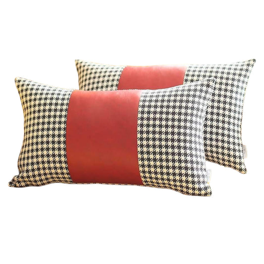 Set of Two 12" X 20" Red Black and White Houndstooth Fabric and Faux Leather Lumbar Throw Pillows