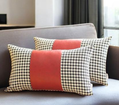 Set Of Two 20" X 12" Black And Red Polyester Houndstooth Zippered Pillow