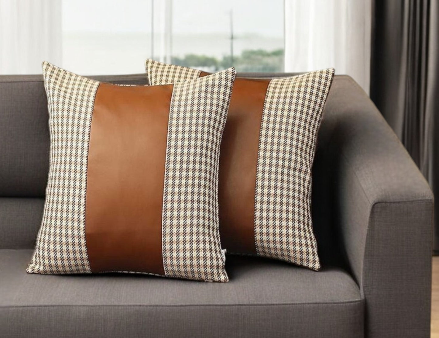 Set Of Two 18" X 18" Brown Houndstooth Zippered Handmade Polyester Throw Pillow