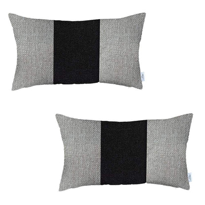 Set Of Two 20" X 12" Grey And Black Geometric Zippered Handmade Polyester Lumbar Pillow