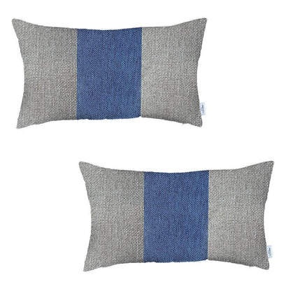 Set Of Two 20" X 12" Grey And Blue Geometric Zippered Handmade Polyester Lumbar Pillow