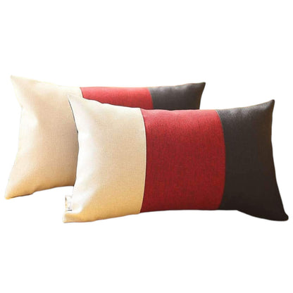 Set of Two 12" X 20" Black Red and Ivory Color Block Fabric Lumbar Throw Pillows