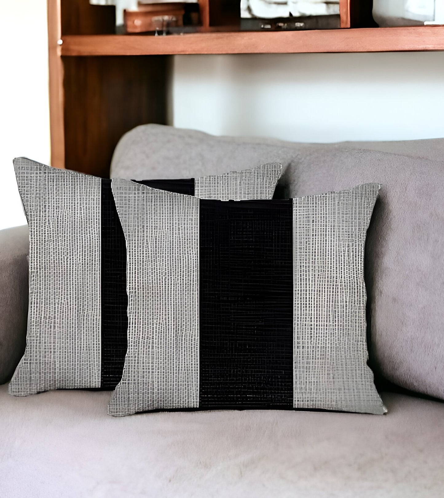 Set Of Two 18" X 18" Grey And Black Geometric Zippered Handmade Polyester Throw Pillow