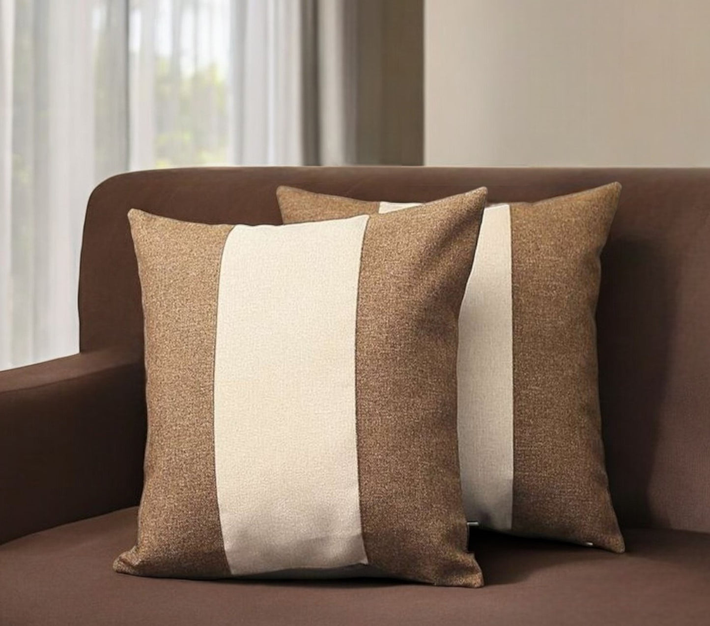 Set of Two 18" Brown and Ivory Color Block Fabric Throw Pillows