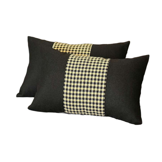 Set of Two 12" X 20" Black and Yellow Houndstooth Fabric Lumbar Throw Pillows