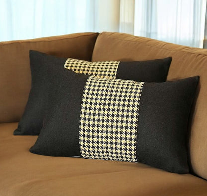 Set Of Two 20" X 12" Black And Yellow Polyester Houndstooth Zippered Pillow