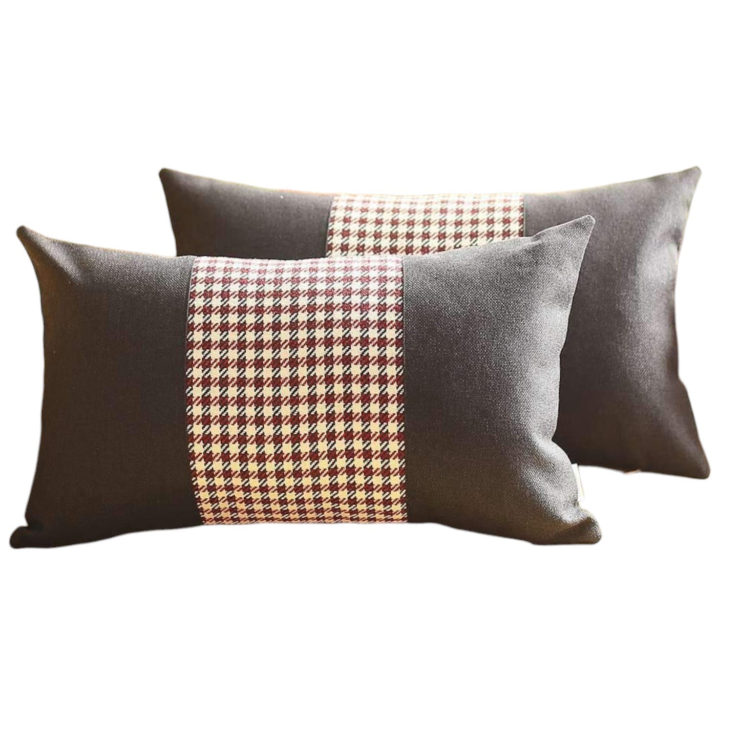 Set of Two 12" X 20" Black Red and White Houndstooth Fabric Lumbar Throw Pillows