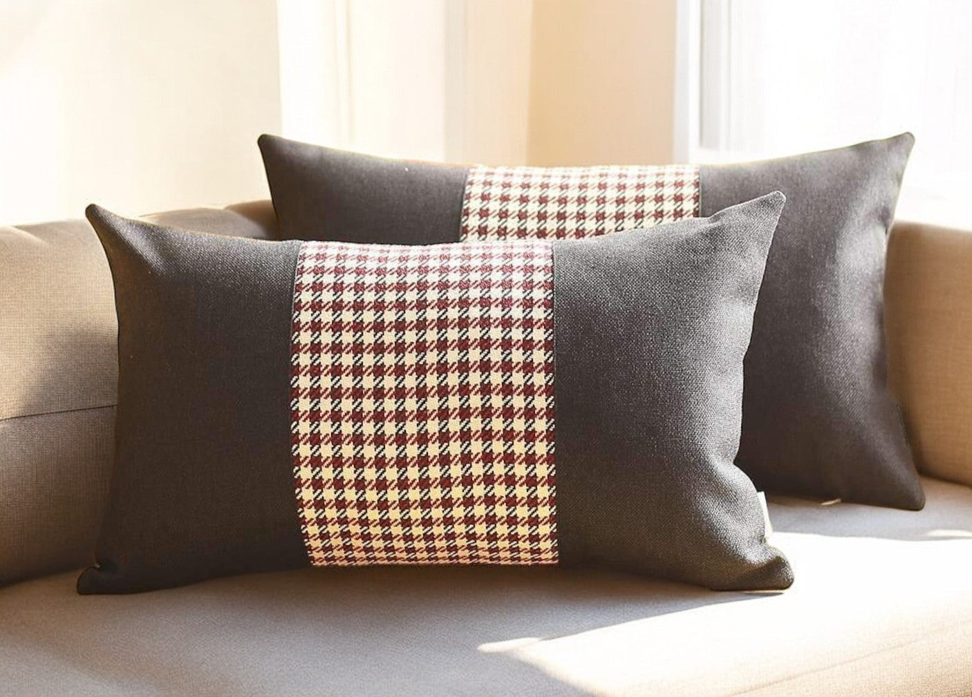 Set Of Two 20" X 12" Black And Red Polyester Houndstooth Zippered Pillow