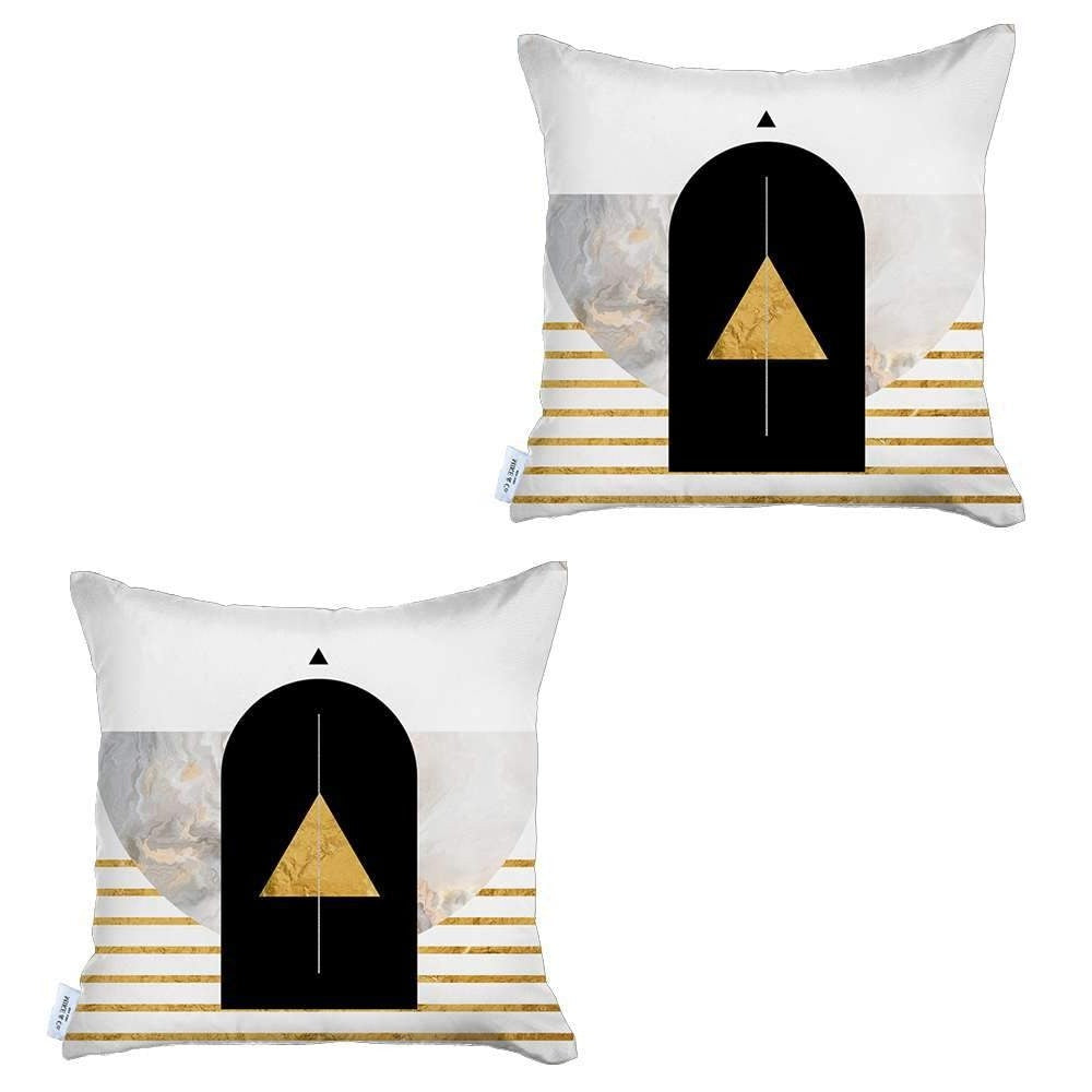 Set Of Two 18" X 18" White Black And Gold Abstract Zippered Handmade Polyester Throw Pillow