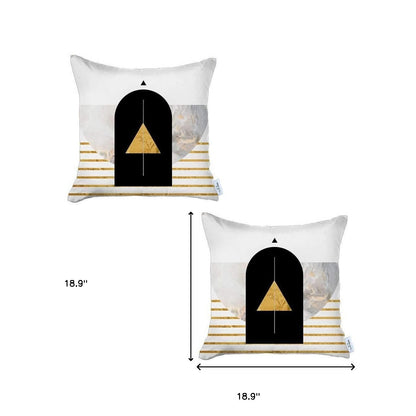 Set Of Two 18" X 18" White Black And Gold Abstract Zippered Handmade Polyester Throw Pillow