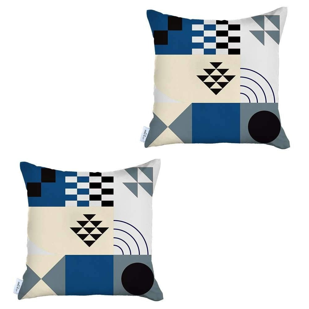 Set Of Two 18" X 18" Blue and Black Polyester Abstract Zippered Pillow