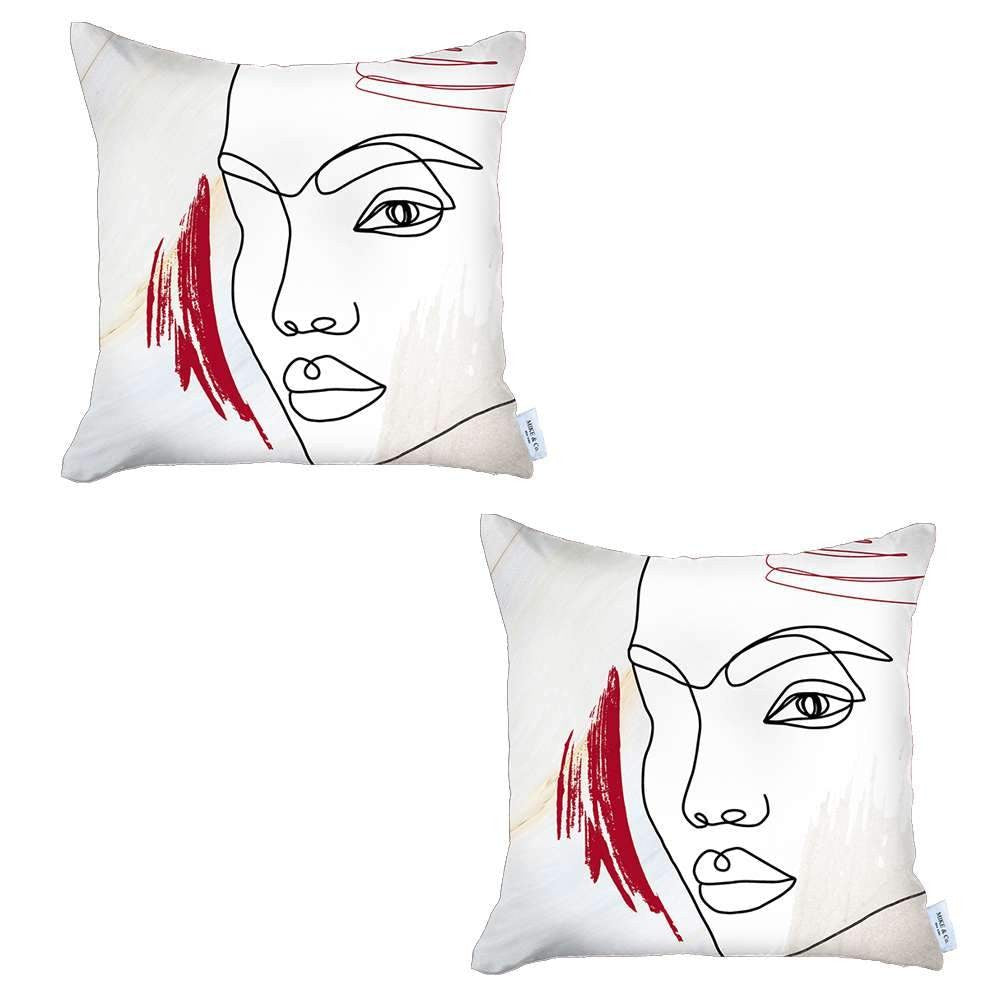 Set Of Two 18" X 18" Gray Black White And Red Abstract Zippered Handmade Polyester Throw Pillow