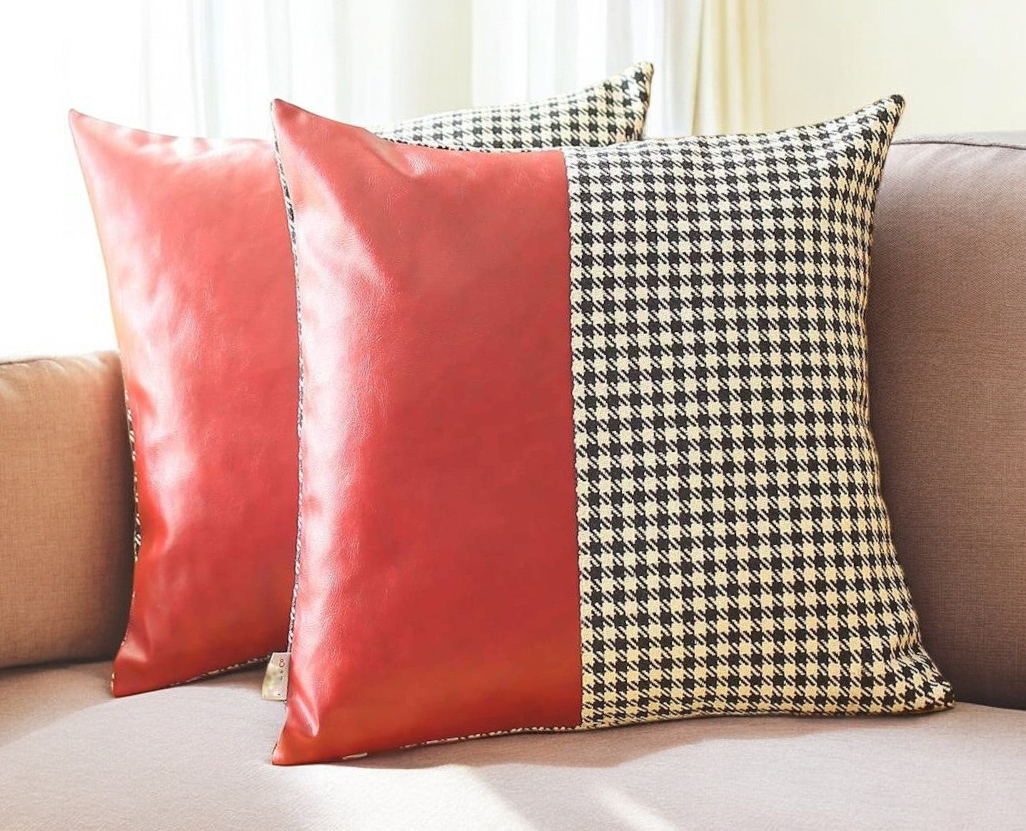 Set Of Two 18" X 18" Red Polyester Houndstooth Zippered Pillow