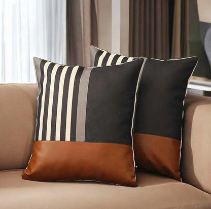 Set Of Two 18" X 18" Brown And Black Polyester Striped Zippered Pillow