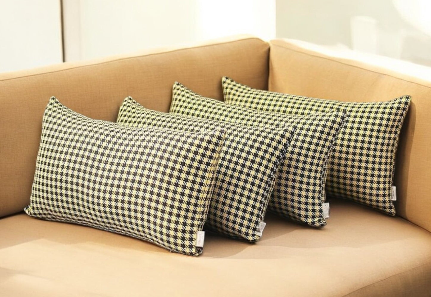 Set Of Four 20" X 12" Yellow Polyester Houndstooth Zippered Pillow