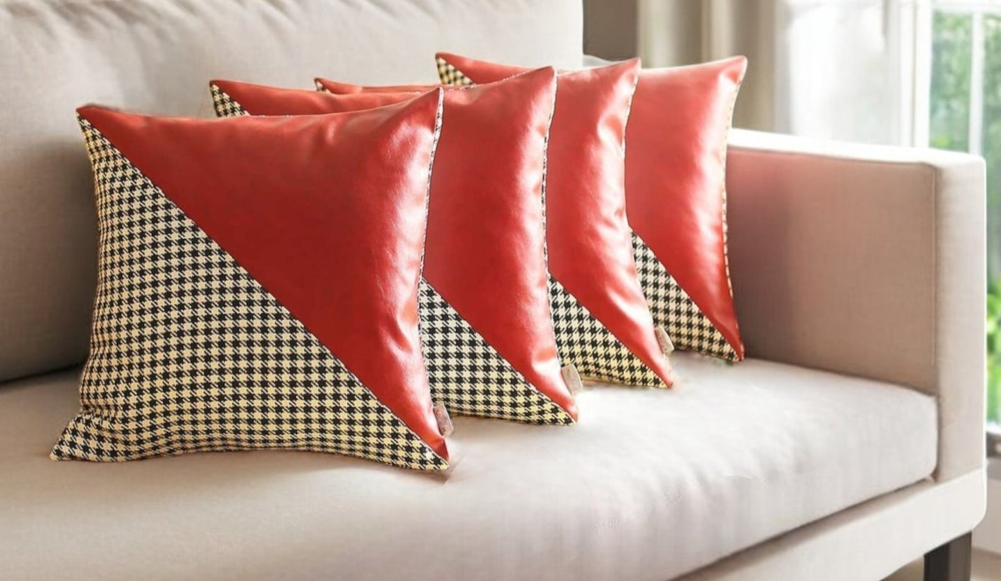 Set Of Four 18" X 18" Black And Red Polyester Houndstooth Zippered Pillow