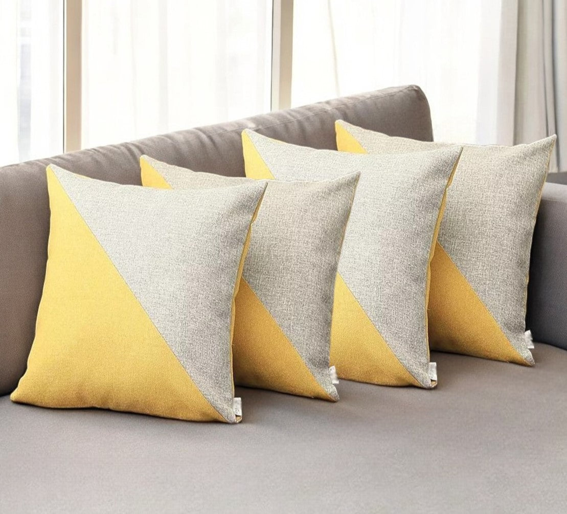 Set Of Four 18" X 18" Grey And Yellow Polyester Geometric Zippered Pillow