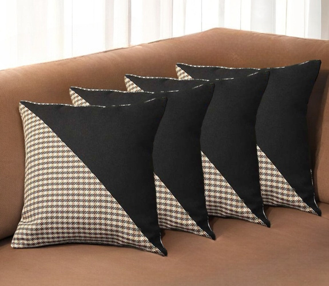 Set Of Four 18" X 18" Black And Brown Polyester Houndstooth Zippered Pillow