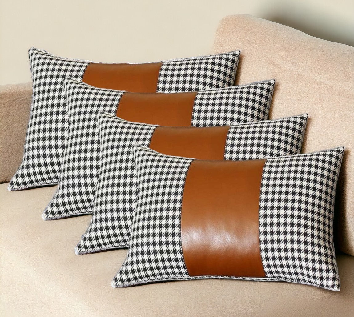 Set Of Four 20" X 12" Black And Brown Polyester Houndstooth Zippered Pillow