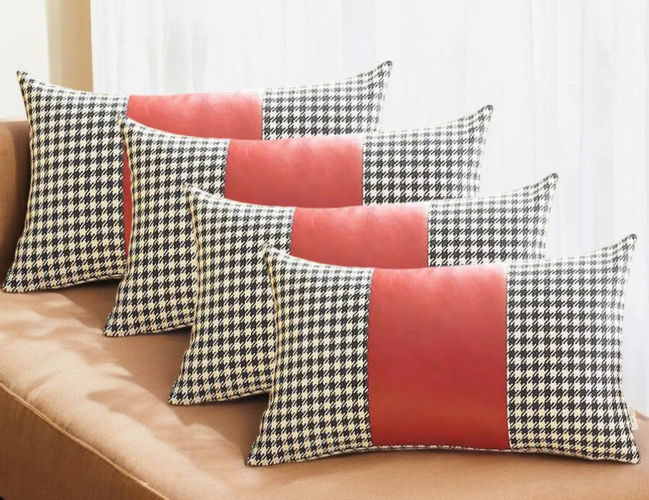 Set Of Four 20" X 12" Black And Red Polyester Houndstooth Zippered Pillow