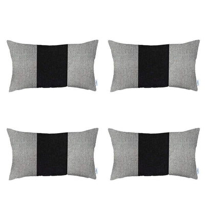 Set Of Four 20" X 12" Grey And Black Geometric Zippered Handmade Polyester Lumbar Pillow