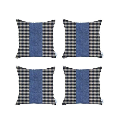 Set Of Four 18" X 18" White And Blue Houndstooth Zippered Handmade Polyester Throw Pillow