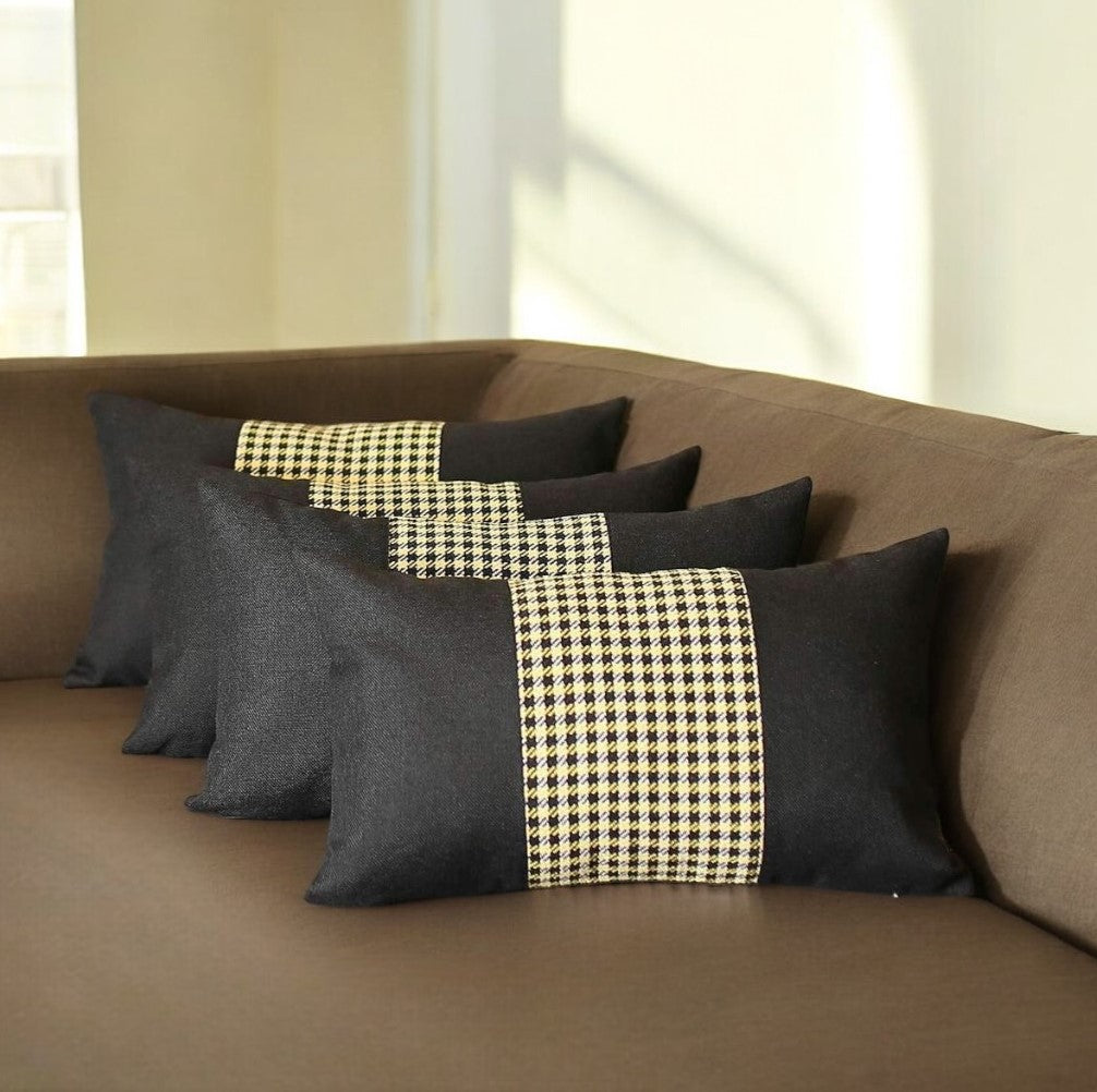 Set Of Four 20" X 12" Black And Yellow Polyester Houndstooth Zippered Pillow