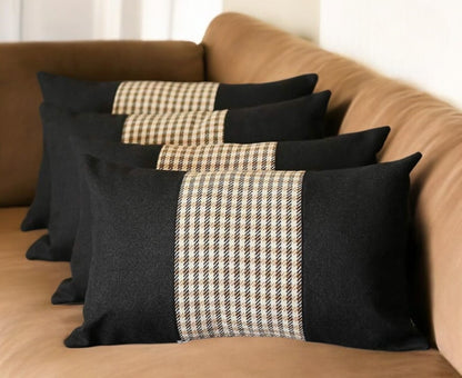 Set Of Four 20" X 12" Black And Brown Polyester Houndstooth Zippered Pillow