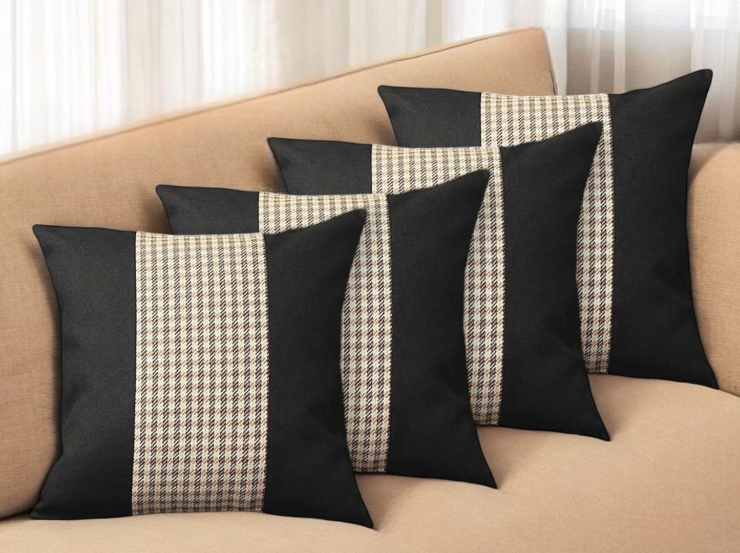 Set Of Four 18" X 18" Black And Brown Polyester Houndstooth Zippered Pillow