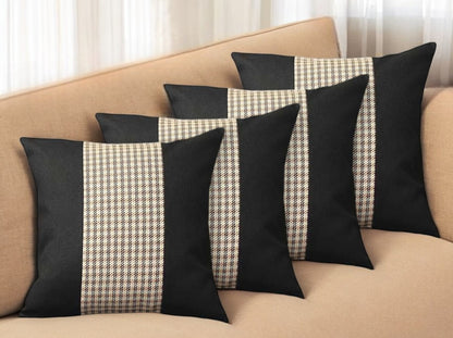 Set of Four 18" Black Brown and White Houndstooth Fabric Throw Pillows