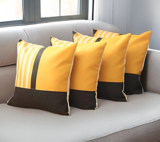 Set of Four 18" Yellow and Black Color Block Throw Pillow