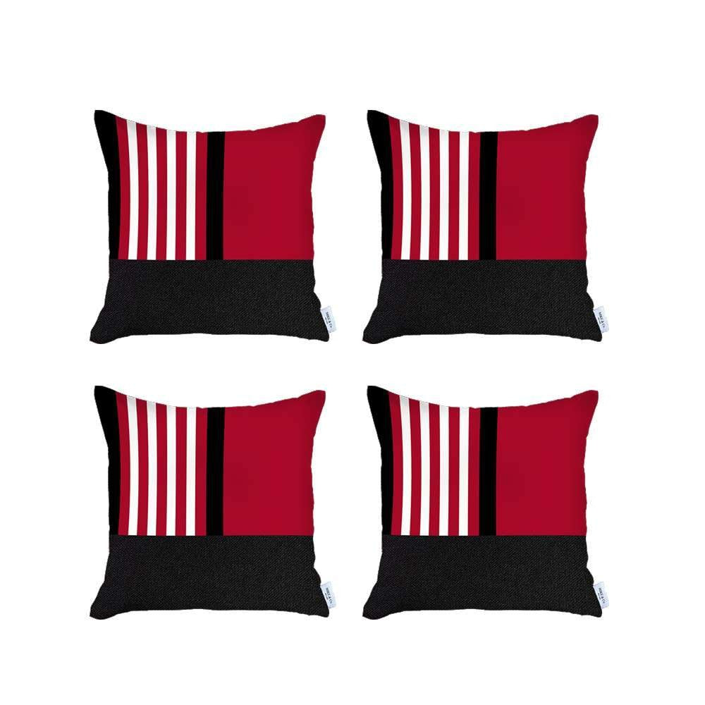 Set Of Four 18" X 18" Red Striped Zippered Handmade Polyester Throw Pillow