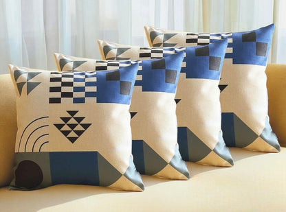 Set Of Four 18" X 18" Blue White Black And Gray Polyester Abstract Zippered Pillow