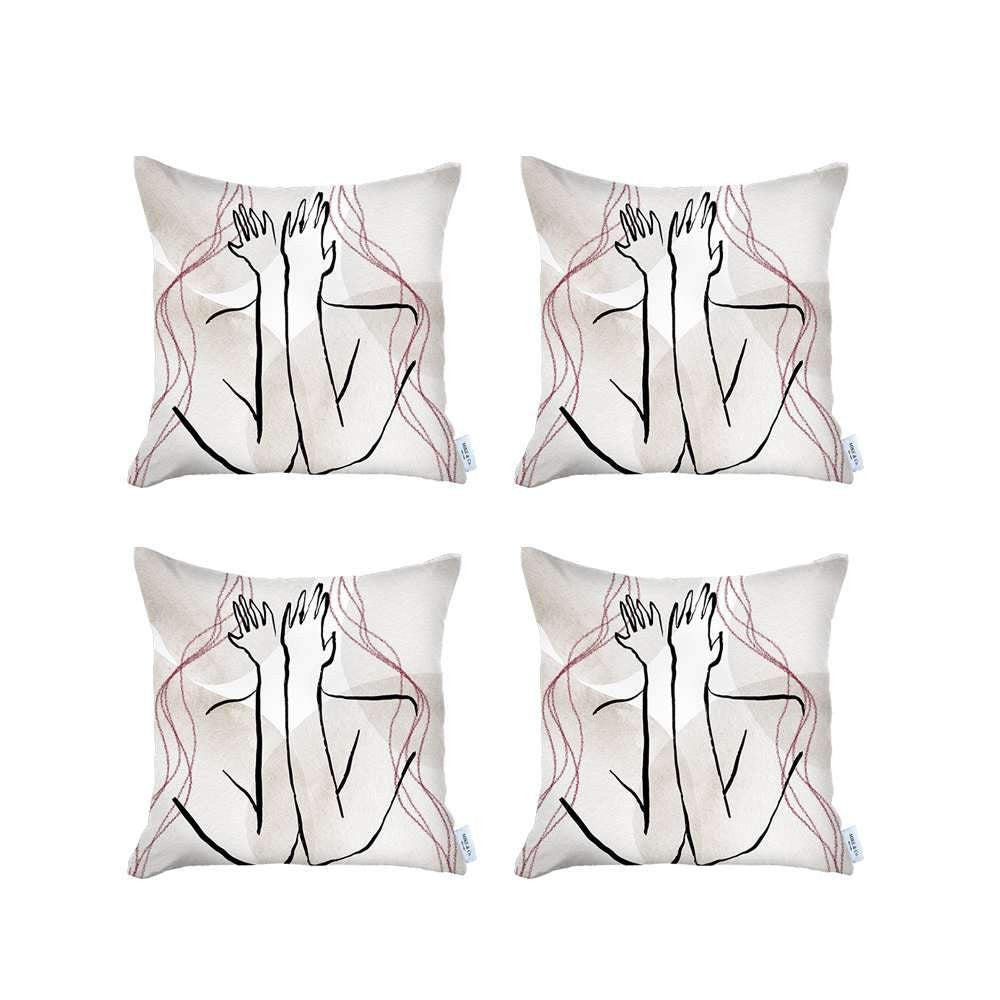 Set Of Four 18" X 18" Black And Grey Abstract Zippered Handmade Polyester Throw Pillow