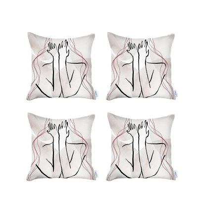 Set Of Four 18" X 18" Black And Grey Abstract Zippered Handmade Polyester Throw Pillow