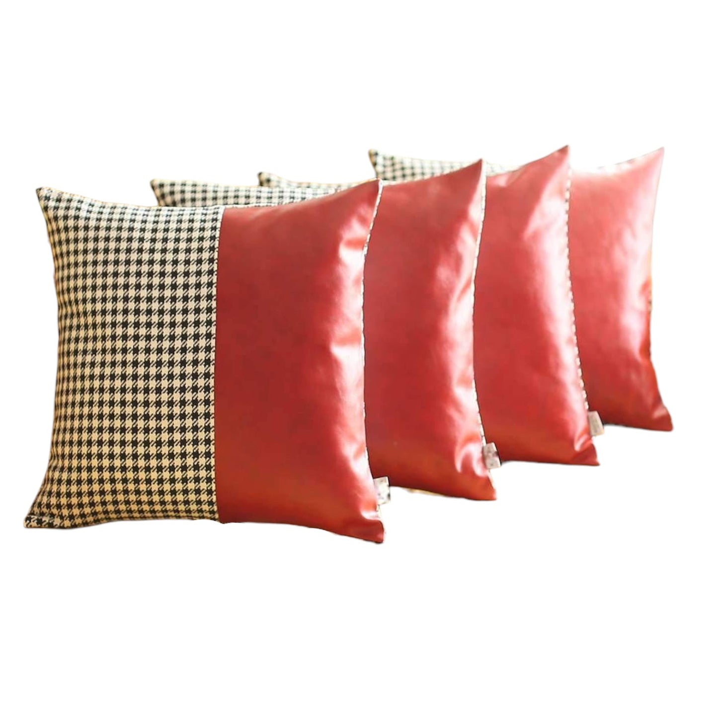 Set Of Four 18" X 18" Red Polyester Houndstooth Zippered Pillow