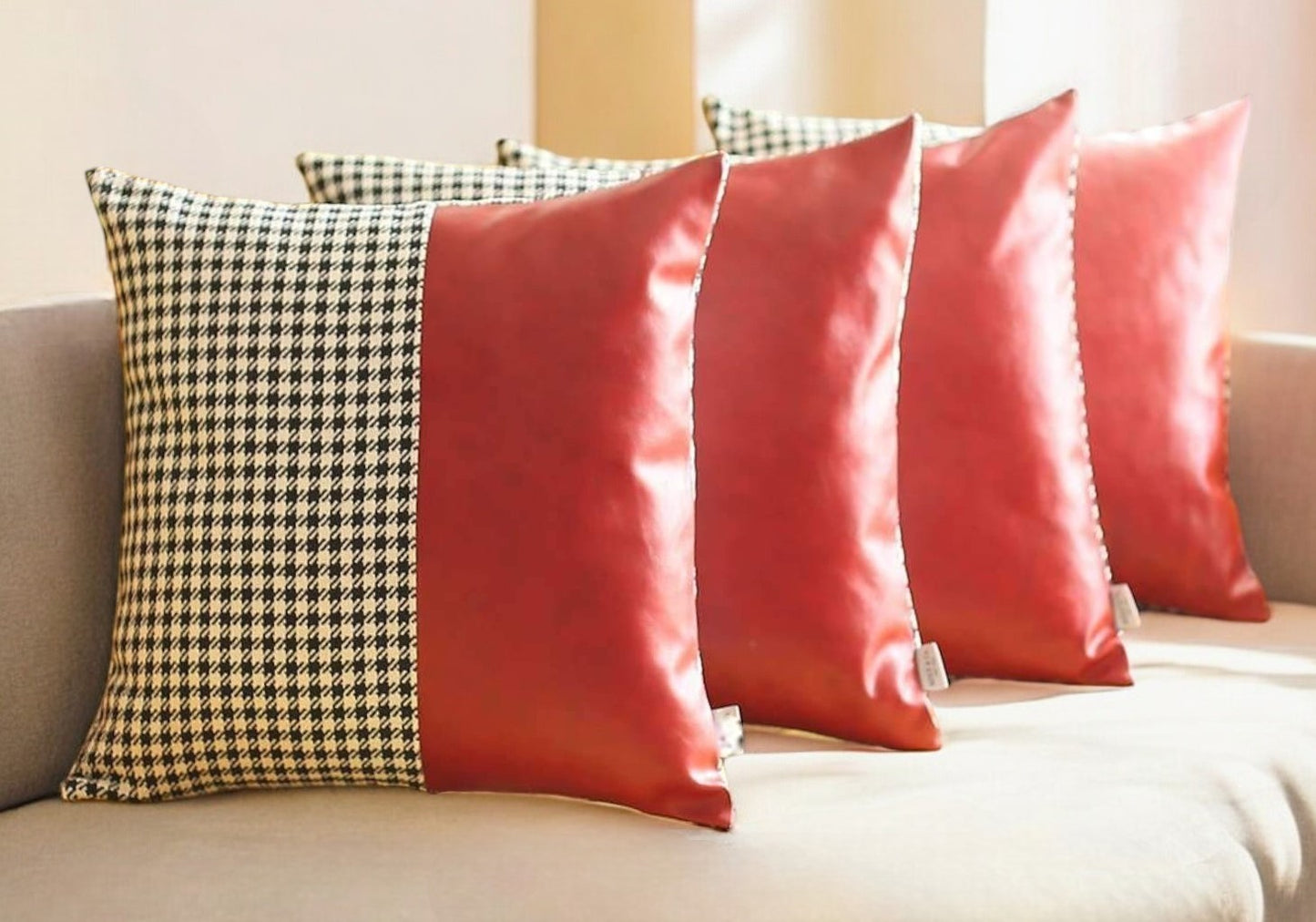 Set Of Four 18" X 18" Red Polyester Houndstooth Zippered Pillow